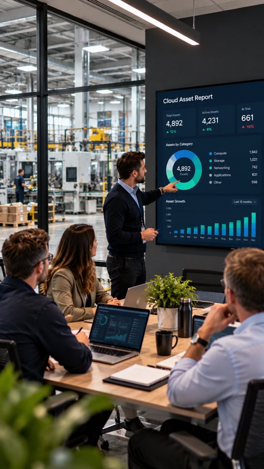 Manufacturing operations team reviewing a cloud asset report on a large screen