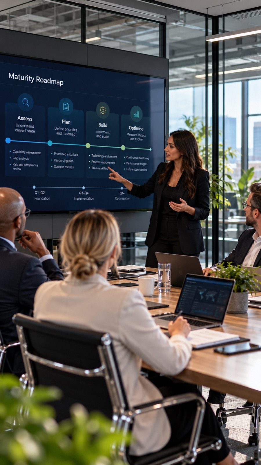 Leadership team reviewing a maturity roadmap in a glass-walled meeting room