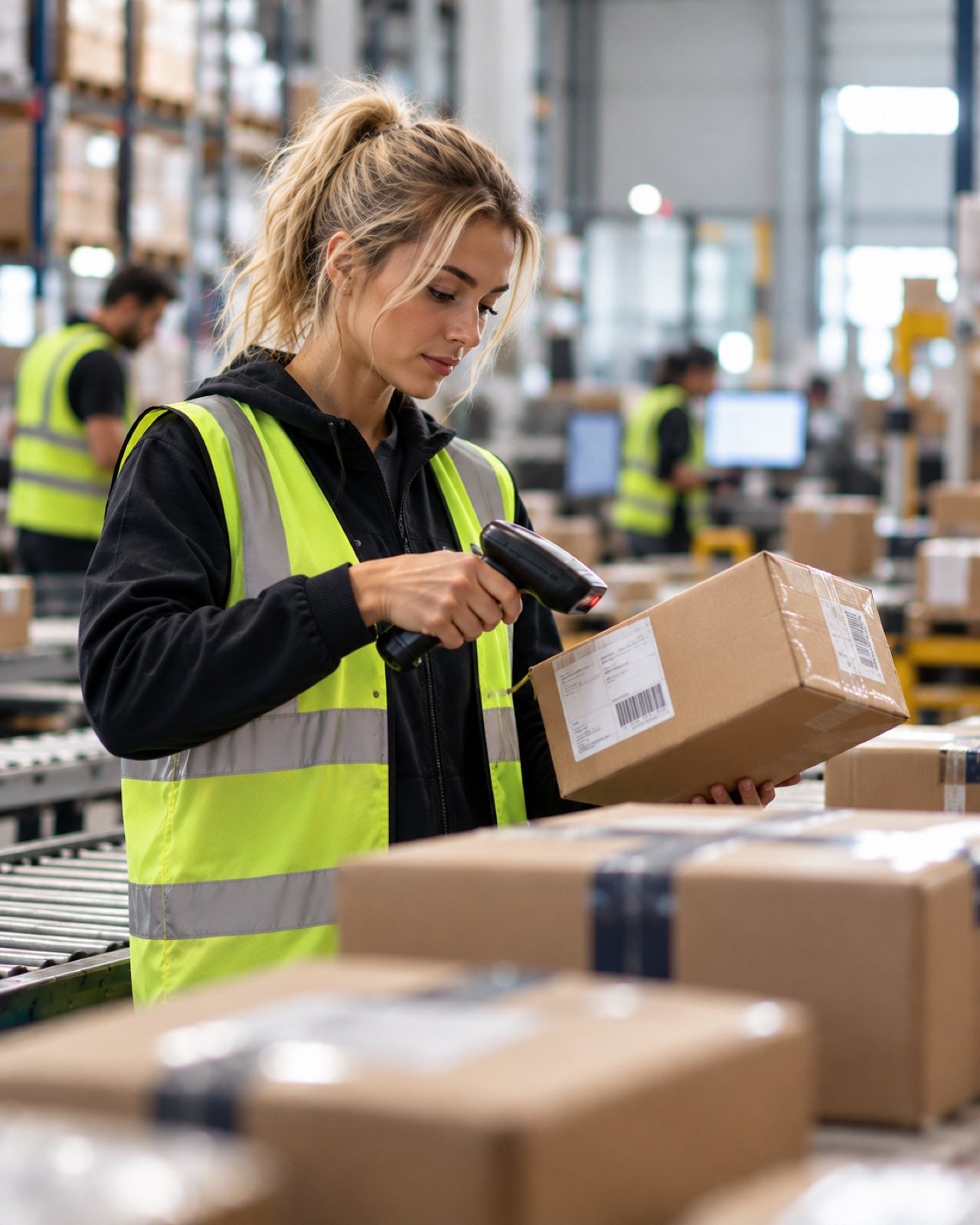 Warehouse operative scanning parcels on a busy fulfilment floor