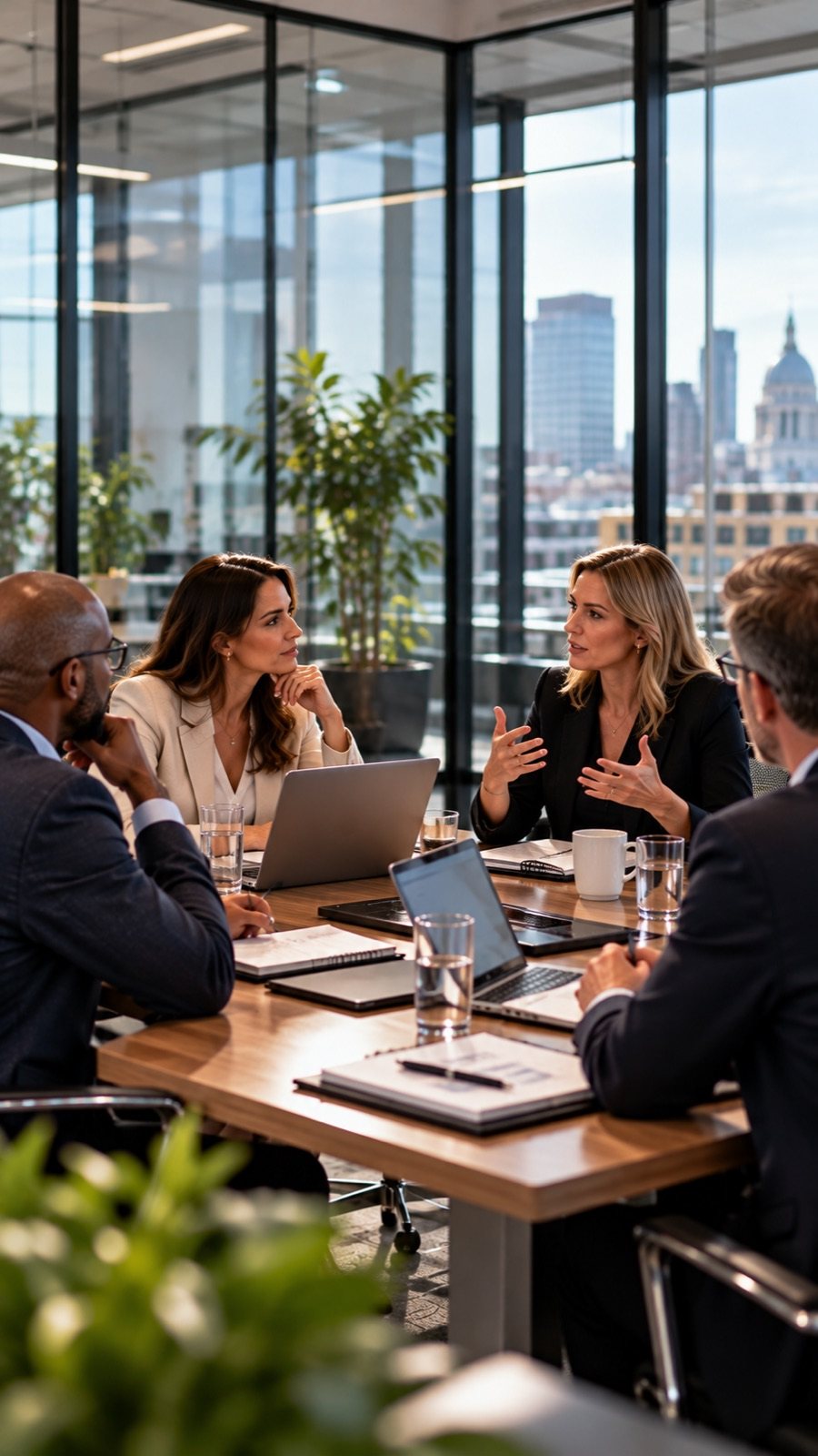Financial services leadership team meeting with a security adviser