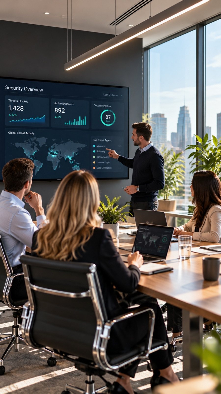 Financial services team in a modern office with a security dashboard on screen