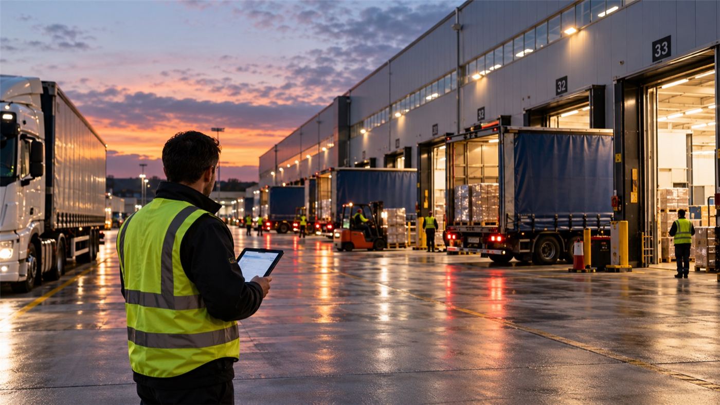 Modern distribution centre at dusk: lit loading bays, curtain-side trailers docking, a supervisor with a tablet in the foreground. Natural, documentary style.  No staged poses.