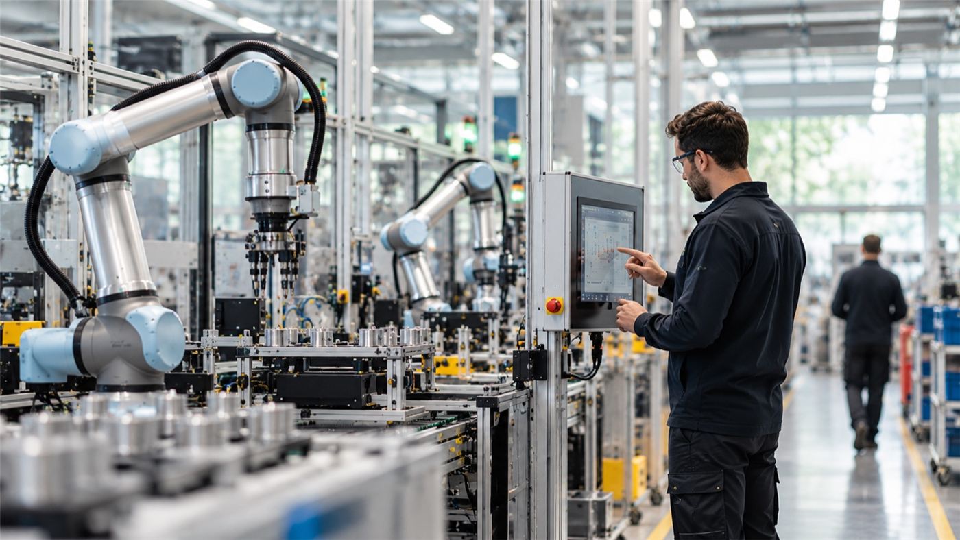 Modern production line with collaborative robots and an engineer reviewing a control panel. Clean, bright industrial setting — realistic, not futuristic.