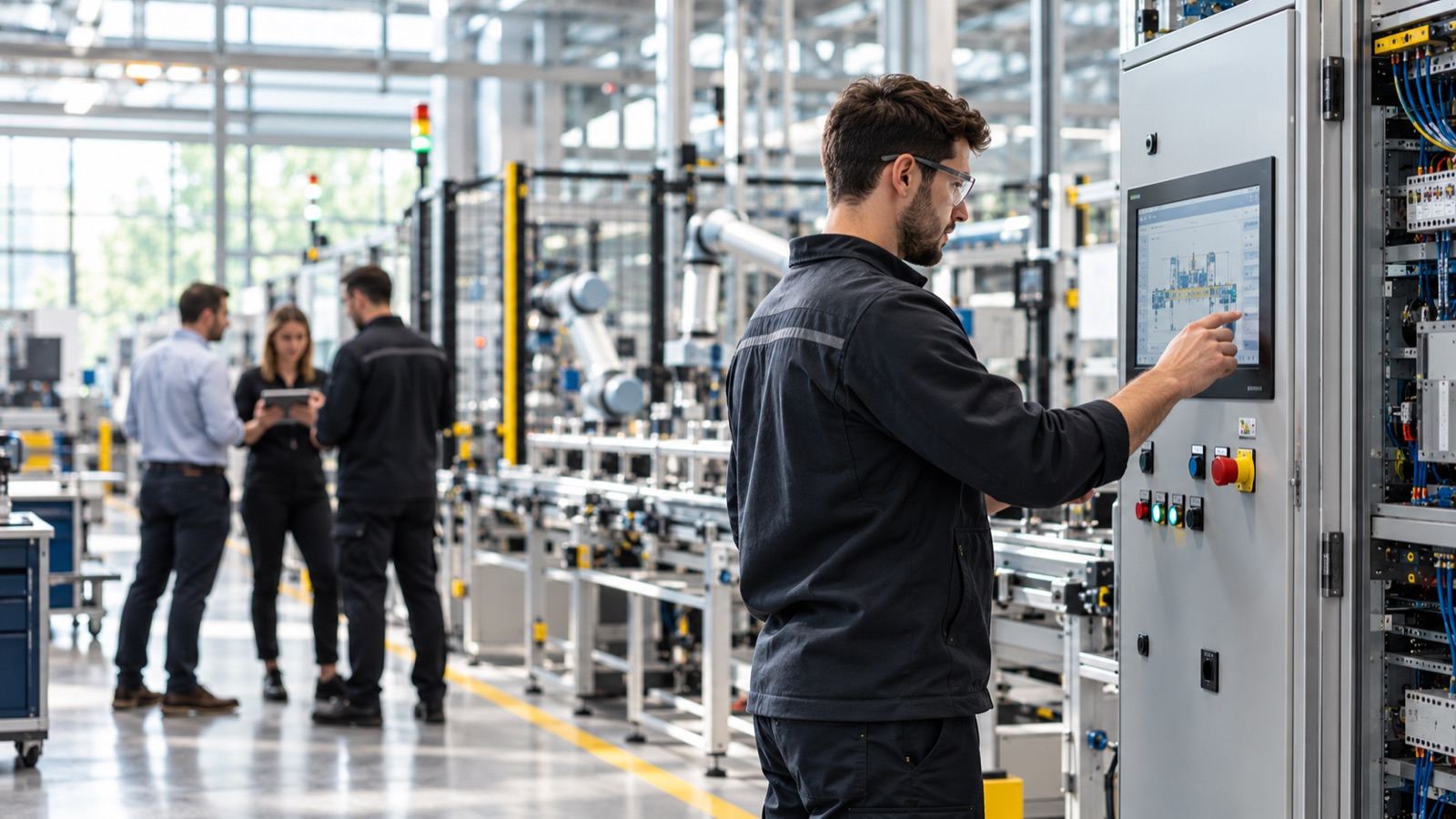 Engineer at a control cabinet or HMI on the factory floor, with the production line behind. The meeting point of people, IT and OT.