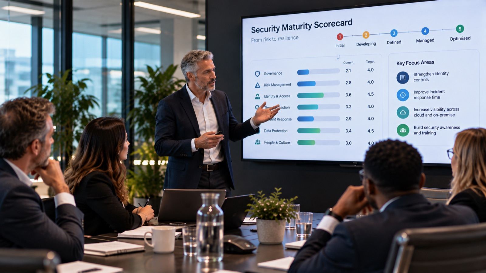 Consultant leading a board-level workshop with a maturity scorecard on screen