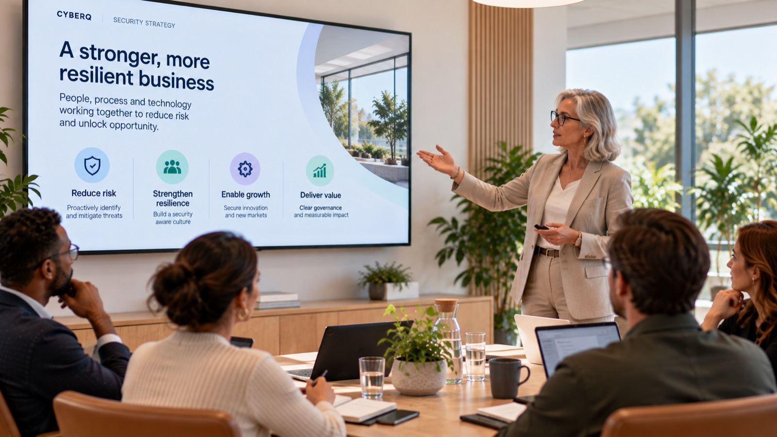 Virtual CISO presenting a security strategy to a leadership team on a video call
