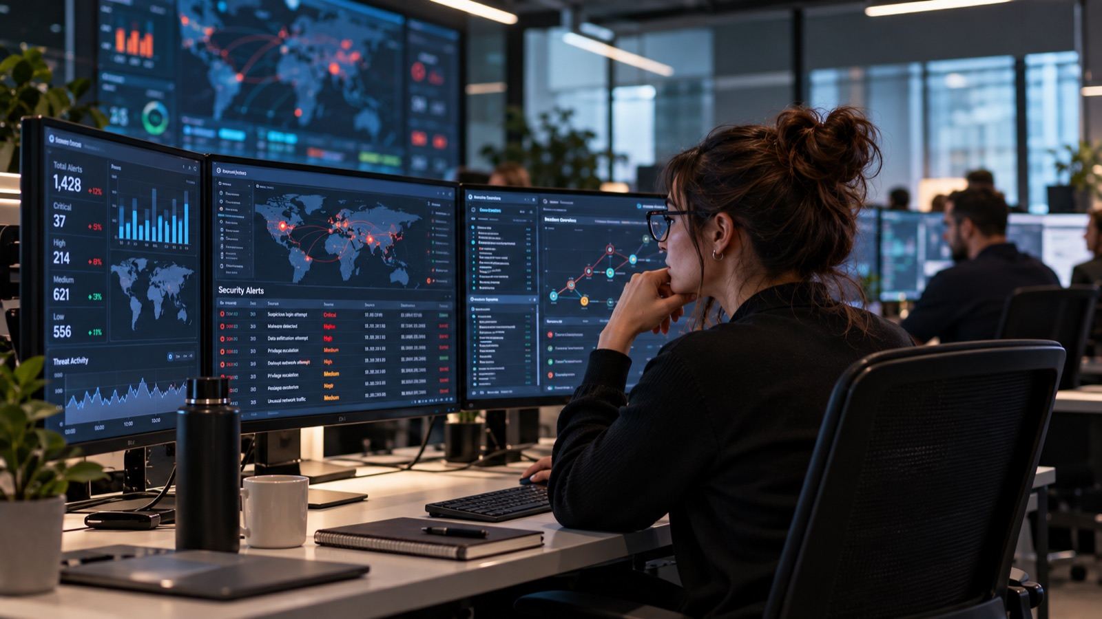 CyberQ analyst reviewing alerts across a multi-screen workstation